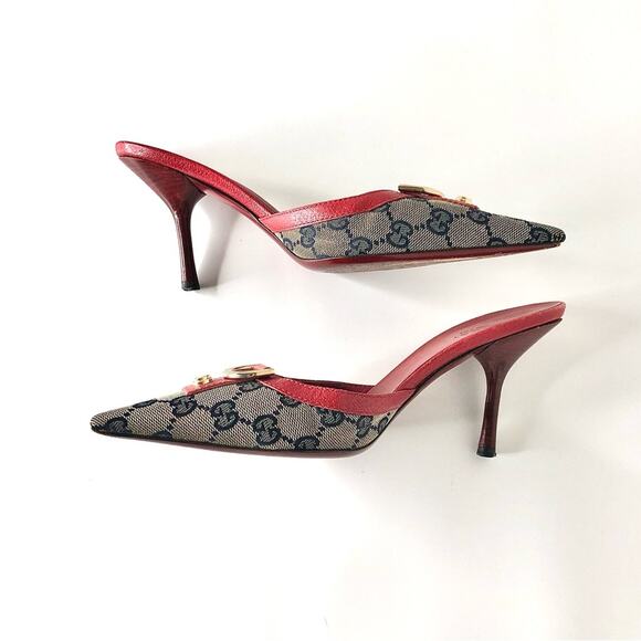 Vintage Gucci D Ring Monogrammed Red Pointed Toe Mules Pumps 37 - Picture 6 of 11